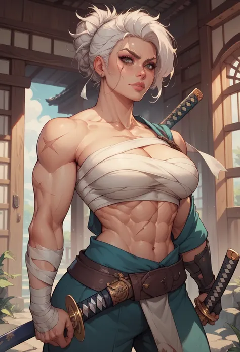 bandage on your chest , warrior, katana, toned body, scar,  white hair, Ojos rojos, woman mature