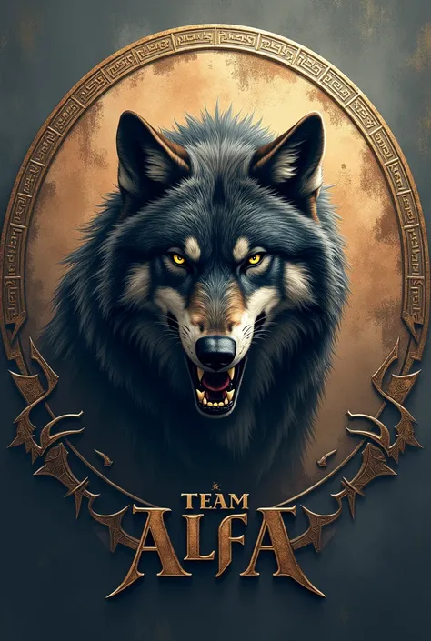  Circular image for a tcg ,  that has a wolf in the center and says  "TEAM AlFa "  around ,  logo that has a Viking rune-like writing style and the background is shaded.
I want the image to be circular in shape and to have a shaded style