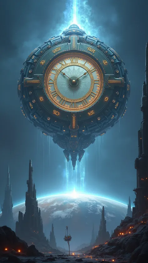 "A cosmic clock hovering above the Earth, its hands stopped, with glowing sparks and a futuristic background, cinematic and mysterious."