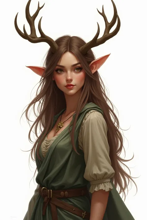 An adult forest brown haired elf has a normal size ear with a pair of deer horns on her head in front of a white background in role-playing drawing, the whole body.
