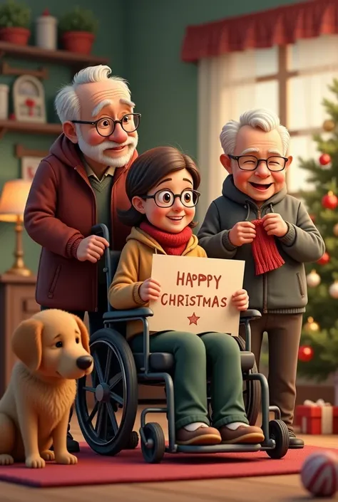  Woman holding a sign in a wheelchair  ,  short brown hair glasses ,   with golden labrador dog knitting at Christmas accompanied by a fat white-haired man without glasses 