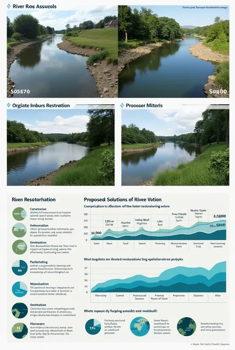 Before-and-after images of river restoration projects, infographic summarizing proposed solutions.