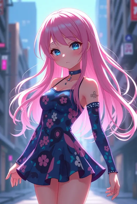  Create anime girl character long light pink hair,1m63 tall, with blue eyes using super powers of control,hiphop dress ,small chest