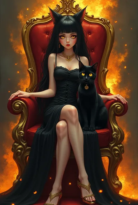 Painting of black-haired girl drawing lava in her hair ,  yellow eyes , while sitting on a throne , crossed legs with an elegant black dress and gold heels, acaricia un gato negro de  yellow eyes 