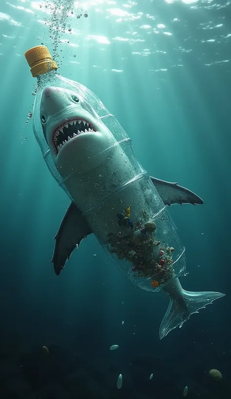 An ultra-realistic depiction of a shark fused with a plastic bottle, where the sharks body is shaped like a massive transparent plastic bottle. The fins and tail are jagged, mimicking sharp plastic edges, while the body is semi-translucent, revealing small...