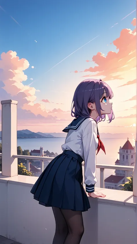  cute and well-behaved teenage cat lady， long purple hair， sailor suit，Dark blue jk skirt ， looking up at the sky ，Full of love，Thick black pantyhose ， slim body ，Under the sunset， Sunny ，Sunset，Ambient light，On the balcony