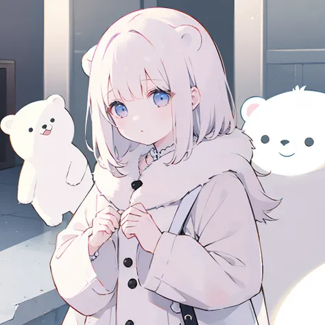 1 girl、white boa coat、Holding a doll(Polar bear)