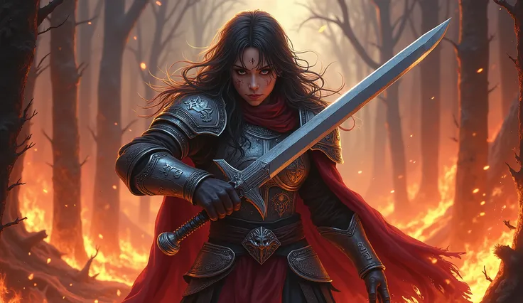  The warrior has long, disheveled hair ,  with dark highlights that reflect firelight .
 Her face is marked by scars and an expression of determination ,  with penetrating eyes that convey a mixture of sadness and courage .
He wears heavy armor,  with poli...