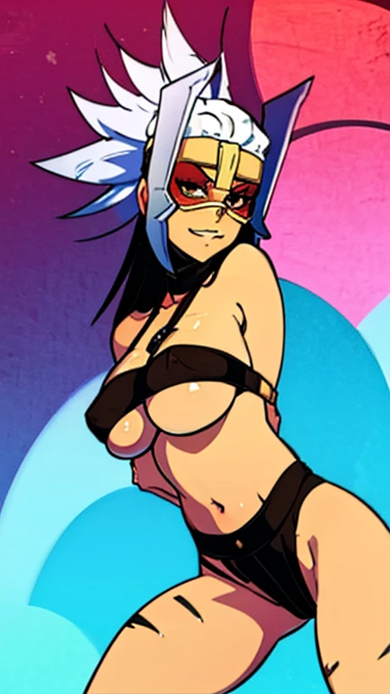 Ferra has large breasts and she has a cute face and she has long hair and she is wearing her bikinis and she is doing sexy position and she in a anime style 