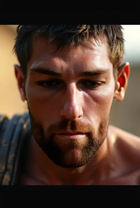 Face of Spartacus ,  the Thracian Gladiator ,  represented in a realistic and cinematic way . sun tanned skin,  with battle scars on the face .  Intense and challenging look ,  showing determination and courage .  Short and well-aligned beard ,  dark and s...