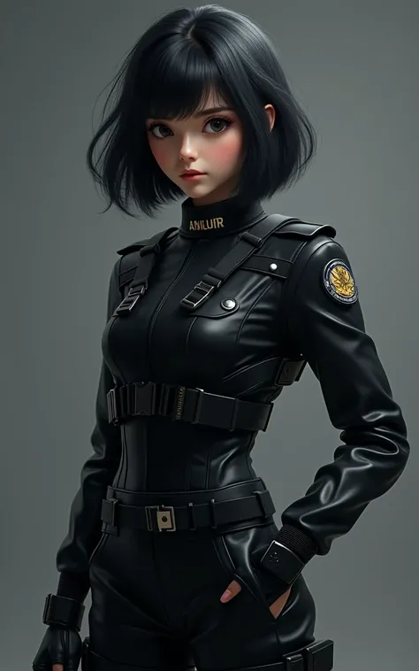 1 girl, highest quality, masterpiece, 4K, Highest image quality, portrait shot, slightly wavy hair, waist-length black hair, black eyes, wearing black racing suit likes police uniform, black and grey mecha, wearing military harness, put one&#39;s hand in o...