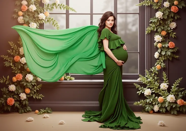 pregnant woman in green dress posing in front of window with flowing green fabric, concept art inspired by Nazmi Ziya Güran, trending on cg society, surrealism, maternal photography 4 k, draped in fleshy green and pink, with a green cloak, * colour splash ...