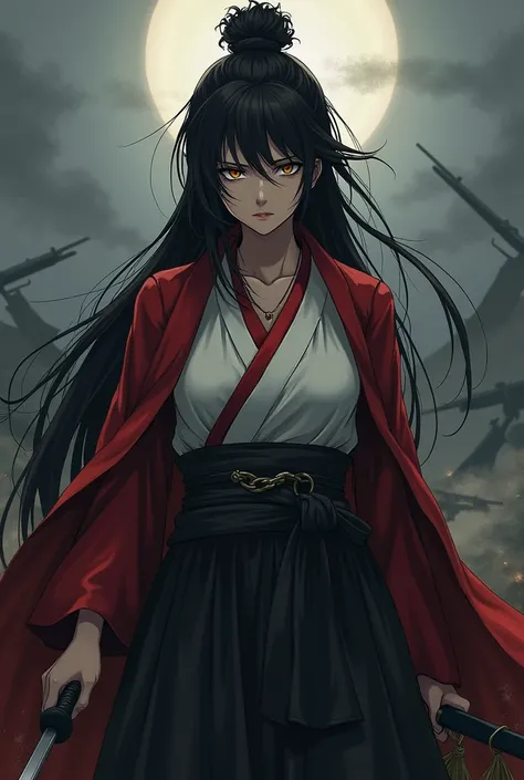 
"Create a woman with long black hair, slightly tied in a samurai-style bun, with a few loose strands. She has piercing dark eyes, with a calm yet serious expression. The character wears the traditional Shinigami uniform, with a captains haori that stands ...