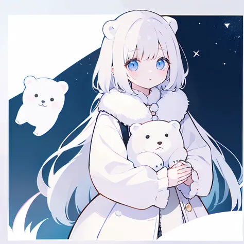 1 girl、white boa coat、Holding a doll(Polar bear)