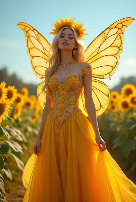  the Sunflower Fairy, a radiant being.Her floor-length intricate gown is crafted from flowing silk and tulle in vibrant shades of golden yellow and amber with matching accessories. The bodice is intricately embroidered with sunflower petals in rich gold th...