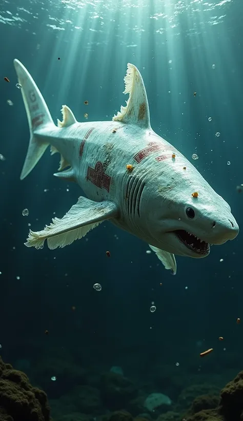 A highly realistic portrayal of a shark fused with a plastic bottle, seamlessly combining marine life with synthetic elements. The shark’s body features a translucent plastic-like texture, resembling the shape of a discarded bottle, with intricate details ...