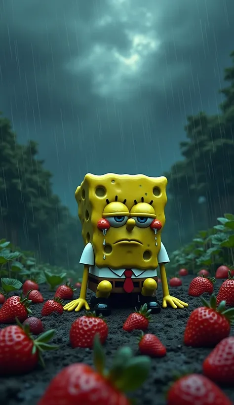  Spongebob Squarepants is sitting crying watching his strawberry garden destroyed and his strawberry fruit rotten and black rain background ,Dark Earth Becek 