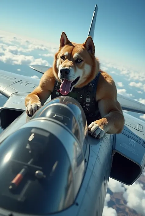 A dog with amazing physical strength is flying a warplane 