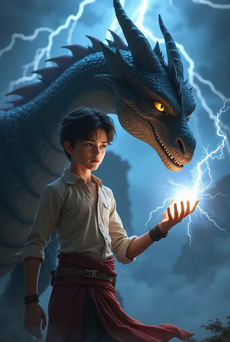 I need a human boy with a dragon by his side as signs of lightning cracks in his hand