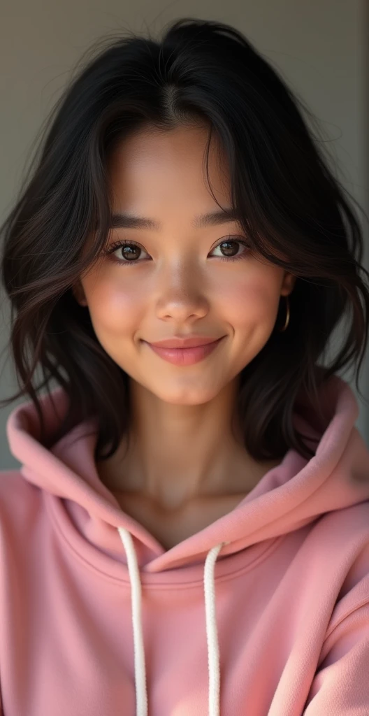 natural skin, wearing pink hoodie, charming black hair, American girl