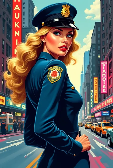 1940s pop art。beautiful blonde female police officer。 looks back and looks at camera。new york city police