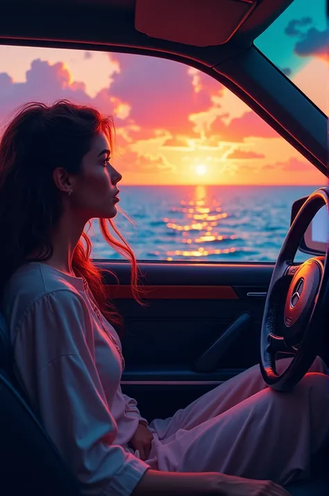 My boyfriend and I girl are in a car mersedes sedan by the sea.
We are under the influence of ecstasy and smoking.We look at the sea from the hatch of the car. we see a different sunrise with the blue sea in the background.
Everything we see is illustrated...