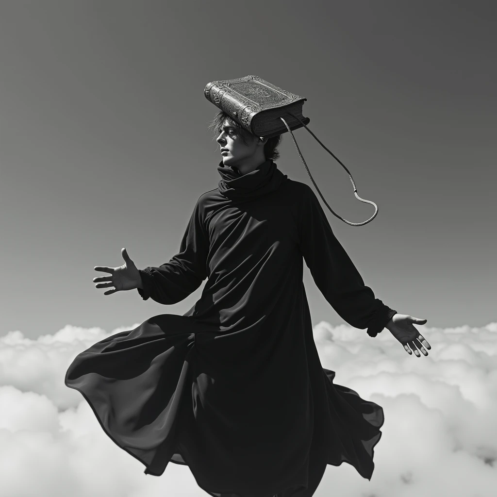  A black and white surreal photograph of the god in a black Christmas silk robe hovering in the sky. On top is a black antique book ,  a book neck with an umbilical cord connected to the gods neck .