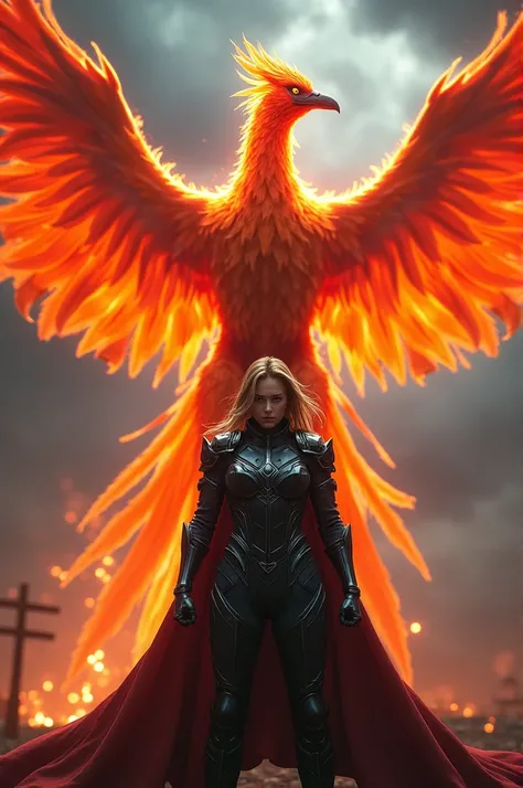 "An ultra-realistic scene of a fiery phoenix and a heroic female character in a dark, armored suit, facing each other in an intense standoff. The phoenix, with vibrant, blazing red and orange feathers, radiates an aura of power and fury, its wings spread w...