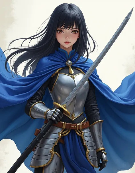 Realistic anime style illustration, thin, short woman, long straight hair, Japanese, wearing knight armor, royal blue cape, holding katana