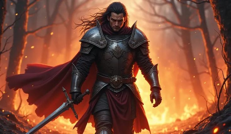 The male warrior has long, disheveled hair,  with dark highlights that reflect firelight .
 Her face is marked by scars and an expression of determination ,  with penetrating eyes that convey a mixture of sadness and courage .
He wears heavy armor,  with p...