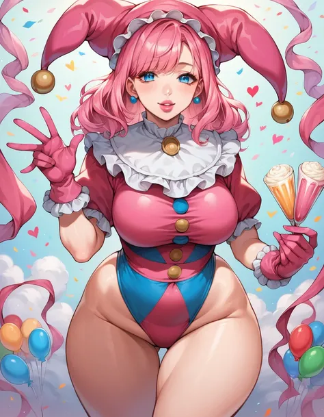 capricorn, plump lips, birthday, long pink hair, (masterpiece, best quality:1.2), 1girl, solo, pink lipstick, long pink hair, blue eyes, pink gloves, puffy sleeves, curvy, pink jester cap, bangs, expressive eyes, perfect face, anime style, 4K, best quality...