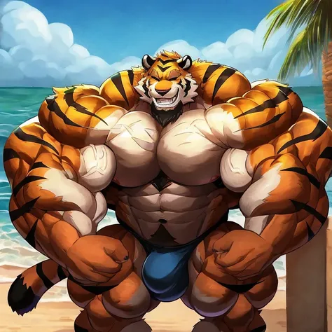 Alone, Huge Muscular Bara oldman tiger, gentel expresion, tiger full body with scars, smiling with sharp teeth, eyes closed, large eyebrows covering the eyes, wolf huge hairy in chest, perfect anatomy, muscle growth, strong pectoral, huge pectoral, wide pe...