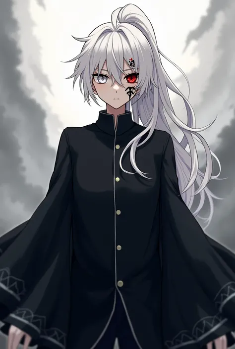 A white-haired male anime character with a ponytail and bangs, with Sukuna tattoo on her face , Long black shirt,  a white eye and a red eye 