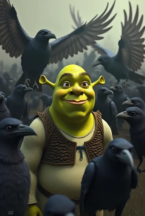 Innocent Shrek with ravens in his background 