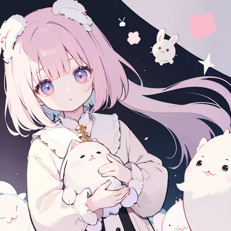 1 girl、white boa coat、Holding a doll(rabbit)