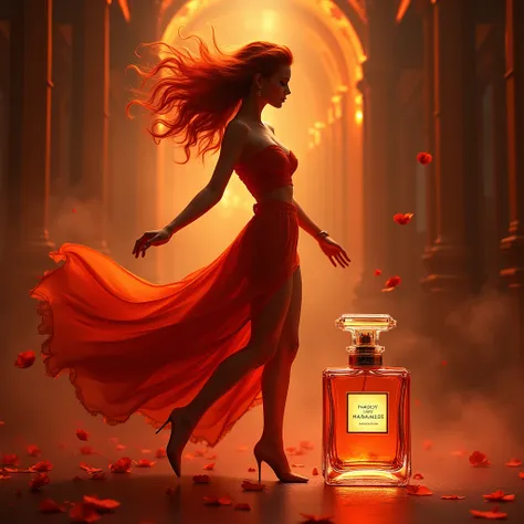 Lady marmalade perfume. In the center is a bottle of perfume , , behind it is a beautiful woman with fiery hair, shes dancing or shes walking.