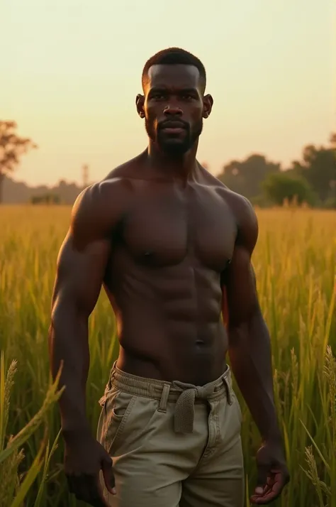 Make a picture of a man who has a muscular body and dark skin in a rice field and the man has a big penis.