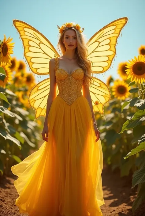  the Sunflower Fairy, a radiant being.Her floor-length intricate gown is crafted from flowing silk and tulle in vibrant shades of golden yellow and amber with matching accessories. The bodice is intricately embroidered with sunflower petals in rich gold th...