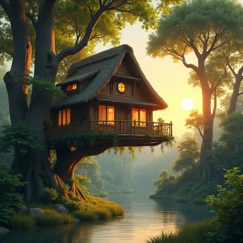  A tree house near a river, And the Sun is setting .