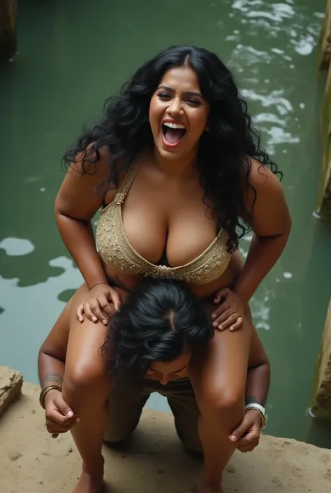 The Malayali woman sits on her servants  shoulder, women age is 30, large breasts, Wearing micro bikinis, salvar, Black Hair, full figure, Drunk, walking, reverse shoulder ride, wearing shoes , old ponds, singing,  close up, dancing, realistic photos, real...