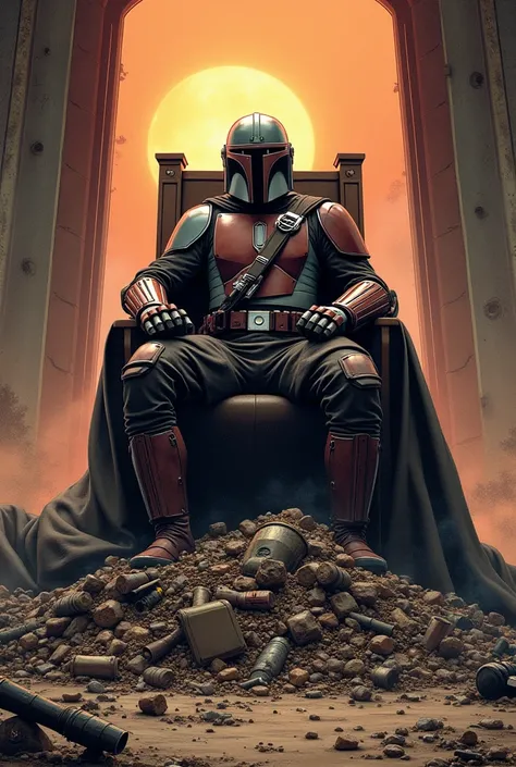 I want you to do Mando from the Mandalorian series Sitting on a Throne Above a Pile of s. Je veux que l’image soit dans le style des comics de star wars.