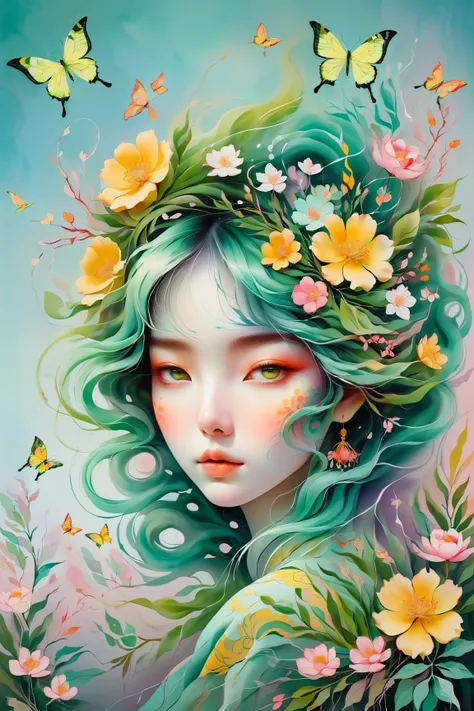 A mesmerizing surreal illustration of a young japanese woman. She has pastel green hair with blunt bangs, yellow eyes, and wears a vibrant pastel colored outfit adorned with intricate floral patterns. Freckles dot her smooth, warm complexion, and bold, col...