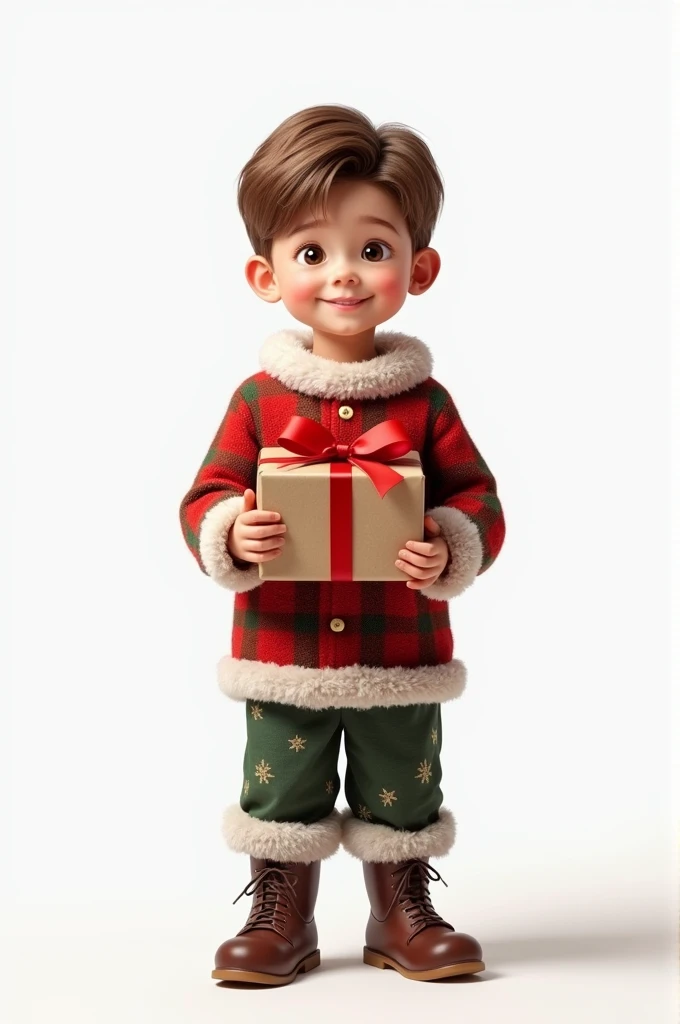 One and a boy , wearing Christmas clothes  ,holding a gift , plain white background 