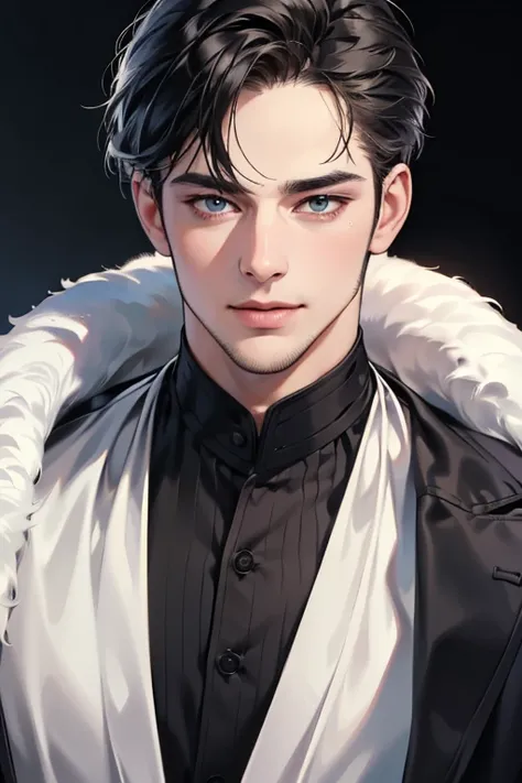 (best quality,4k,8k,highres,masterpiece:1.2),ultra-detailed,(realistic,photorealistic,photo-realistic:1.37),30 year old man,3 day beard,handsome anime,portraits,strong,masculine,dark hair,sharp jawline,mesmerizing eyes,perfectly styled hair,cool anime outf...