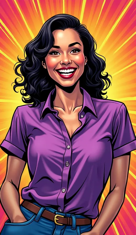 DISCREET image. with discreet casual clothes, a purple blouse. Image of adult, American woman, comic book style. SHE IS HAPPY AND GRATEFUL, with a discreet smile. IMAGES WITH VIBRANT COLORS.