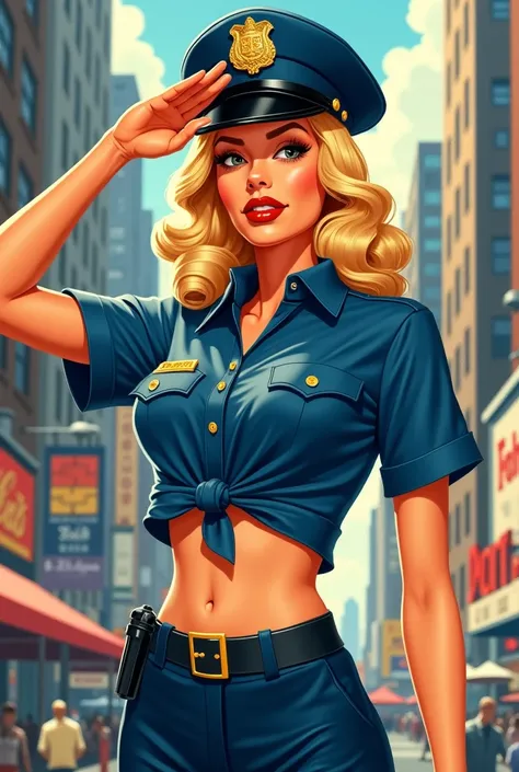 1940s pop art。beautiful blonde female police officer。Short shirt。The hem of the shirt is tied。I can see my belly button。 saluting 。new york city police