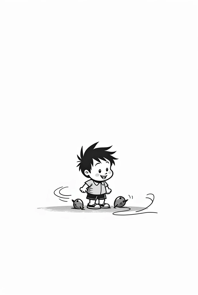 Black and white cartoon picture, boy playing alone