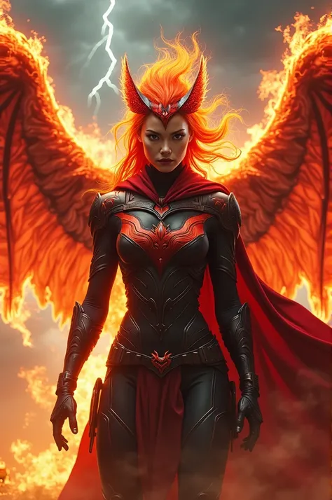 "An ultra-realistic scene of a powerful hybrid creature, merging the fiery characteristics of a phoenix with the strong features of a female warrior. The creature has the blazing wings and fiery red-orange feathers of the phoenix, surrounded by a fiery aur...