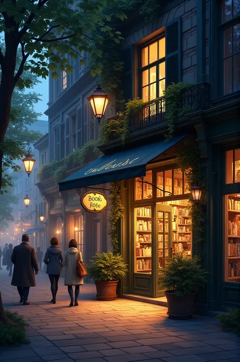 A street at night with a bookstore accesses
