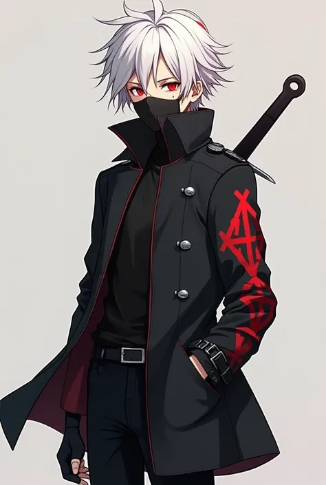 Isao is a 15-year-old boy with pointed white hair brushed backwards and the tips of his hair are red, his skin is light and his eyes were red and a triangular scar on his red cheek, he was wearing a black trench coat with red symbols on the sleeve of the l...